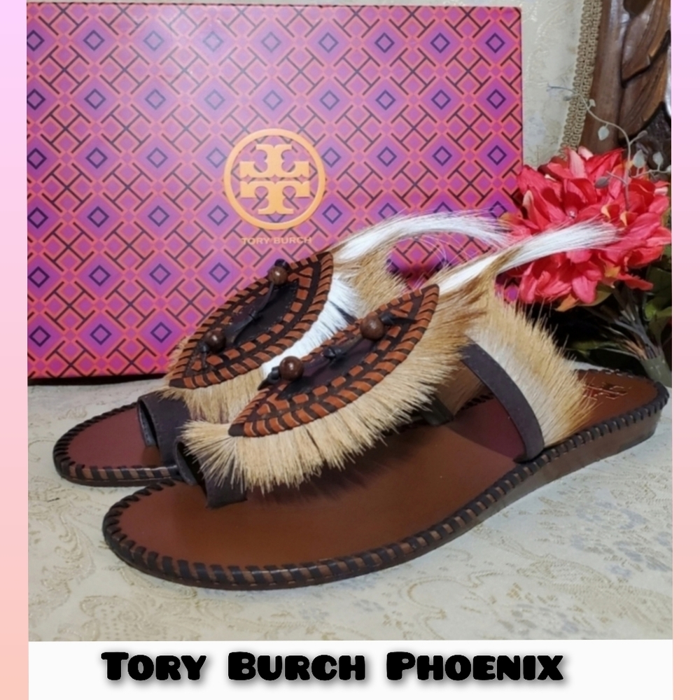 Tory Burch Brown Leather Fur Slide Sandals**HARD TO FIND*